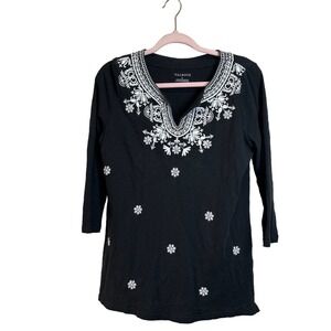Talbots Floral Embroidery Pintuck Neckline || Black White 3/4 Sleeve size Medium